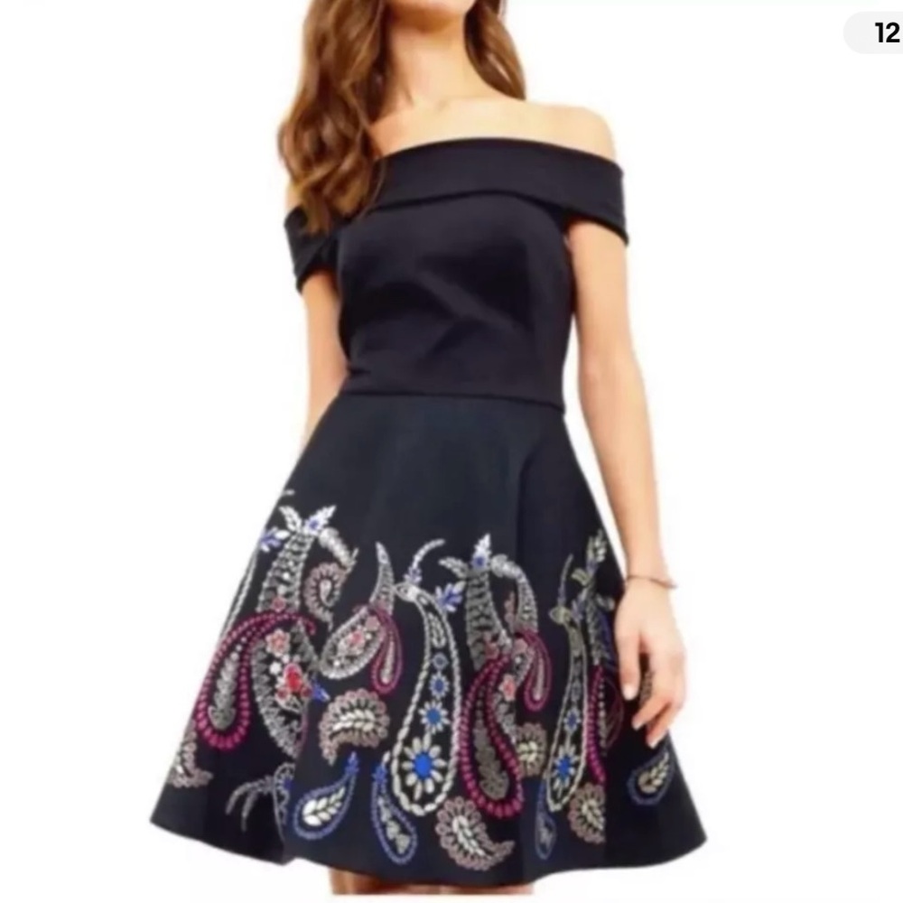 Ted Baker Adze Bardot Metallic embroidered Dress Size 2 (Ted Baker sizing)